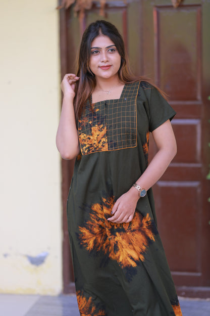 Dark Green With Black Tie and Dye Pyping Zip Nighty