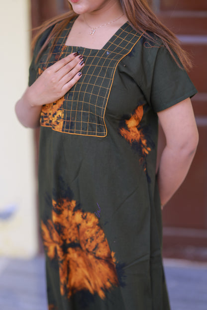 Dark Green With Black Tie and Dye Pyping Zip Nighty