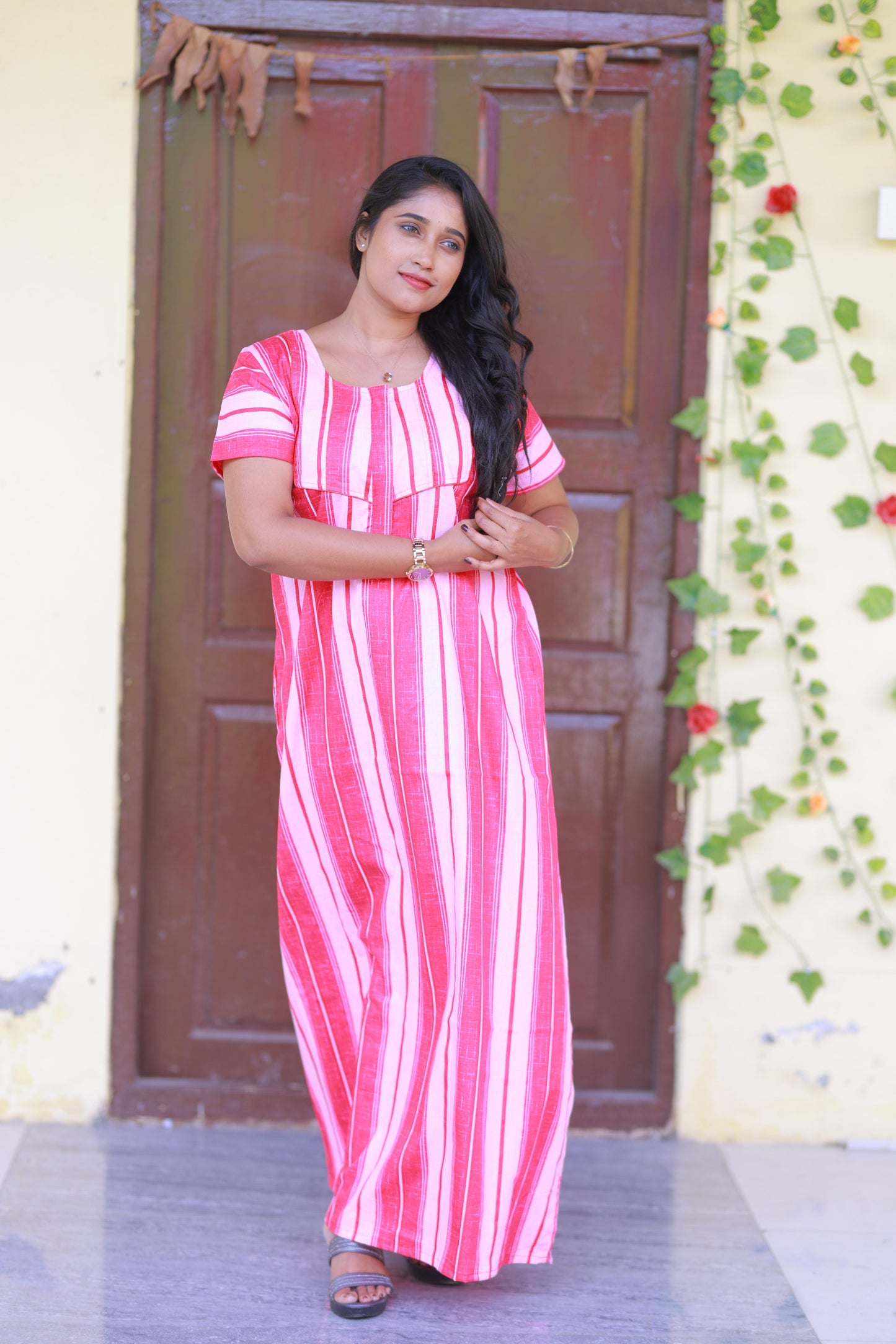 Dark Pink With Light Pink Pattern Design Piping Center Zip Nighty