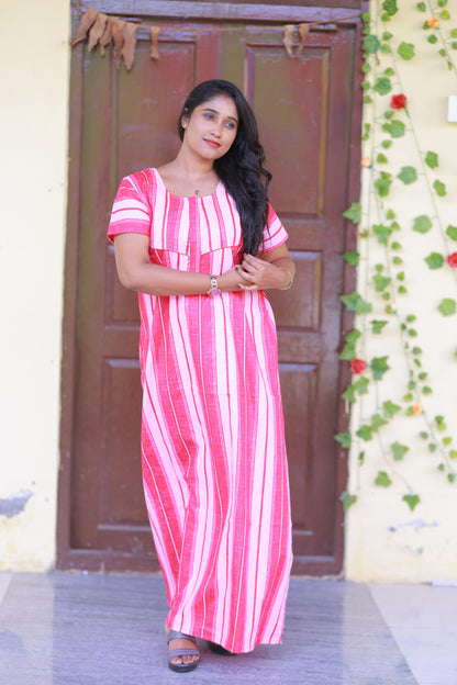 Dark Pink With Light Pink Pattern Design Piping Center Zip Nighty