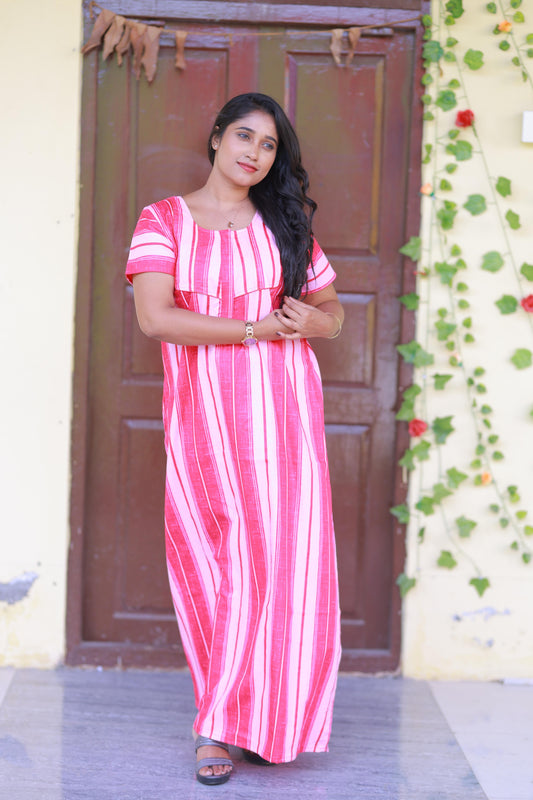 Dark Pink With Light Pink Pattern Design Piping Center Zip Nighty