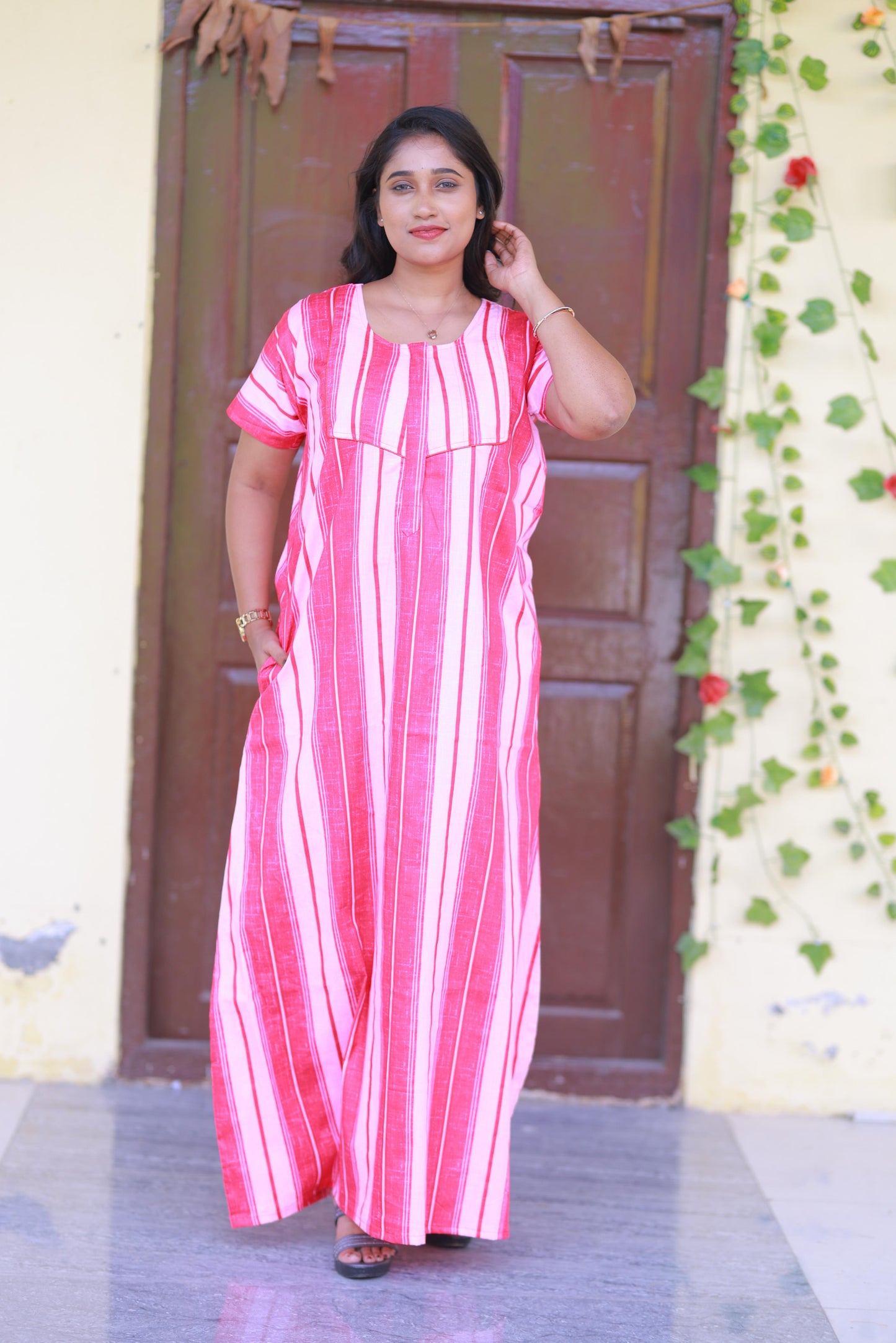 Dark Pink With Light Pink Pattern Design Piping Center Zip Nighty