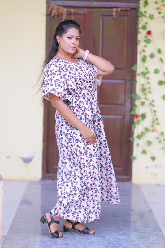 Lite Pink With Flower Design Kaftan With Feeding Side Zip