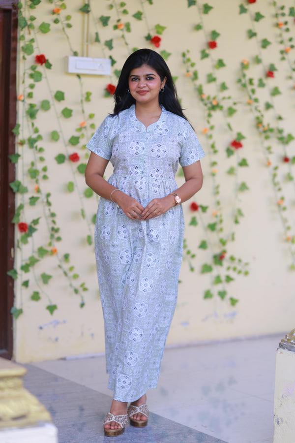 Light Green with Off - White Floral  Pattern Collar Design Center Zip Frock