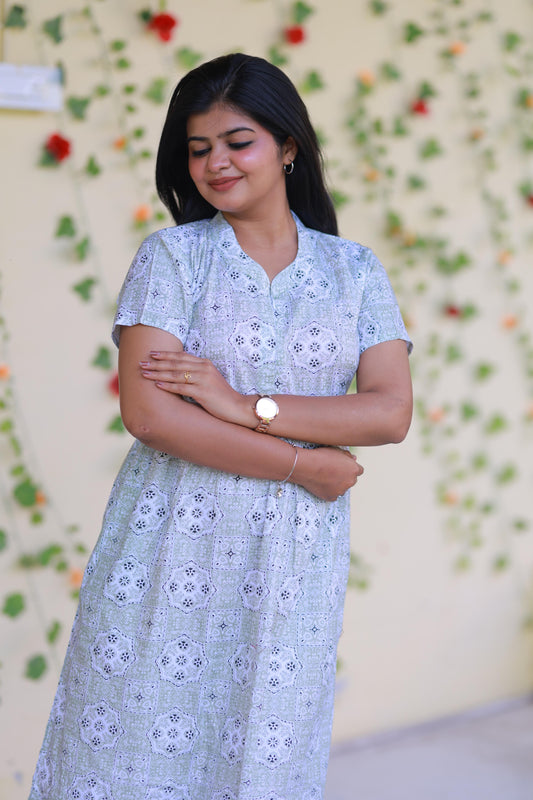 Light Green with Off - White Floral  Pattern Collar Design Center Zip Frock