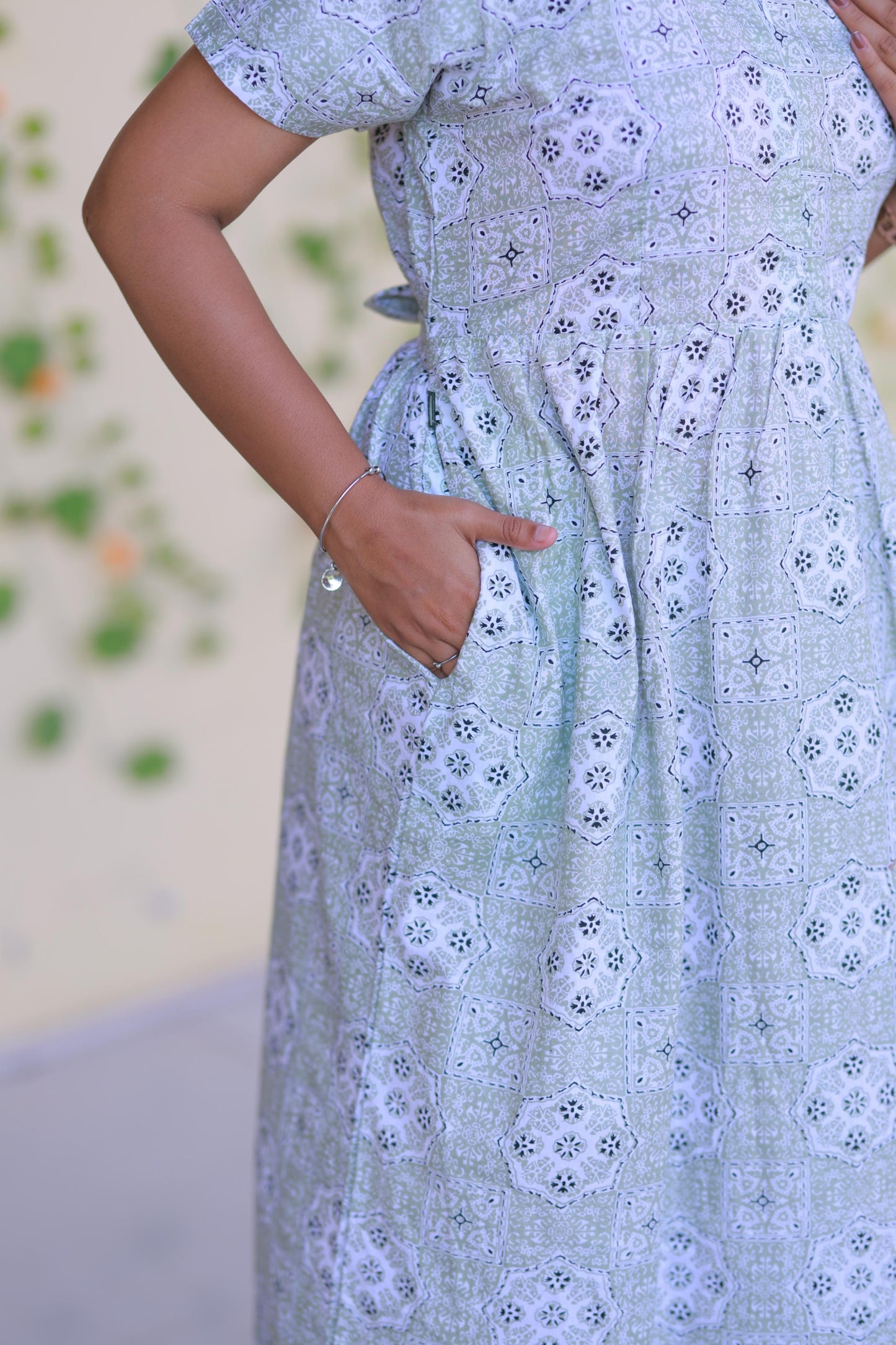Light Green with Off - White Floral  Pattern Collar Design Center Zip Frock