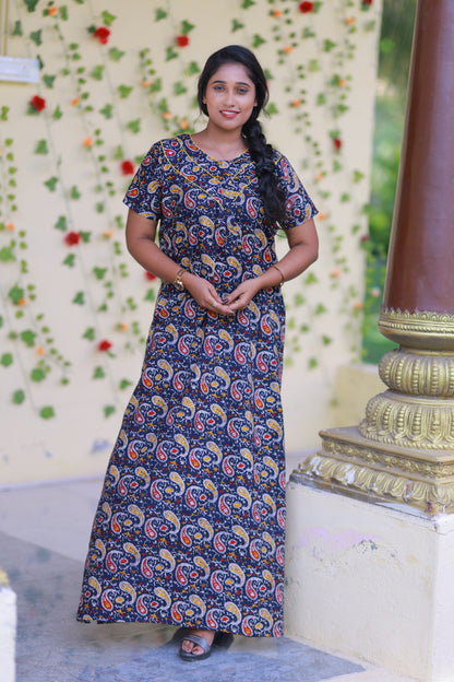 Drak Blue With Red Kalamkari Flower Design Piping Center Zip Nighty