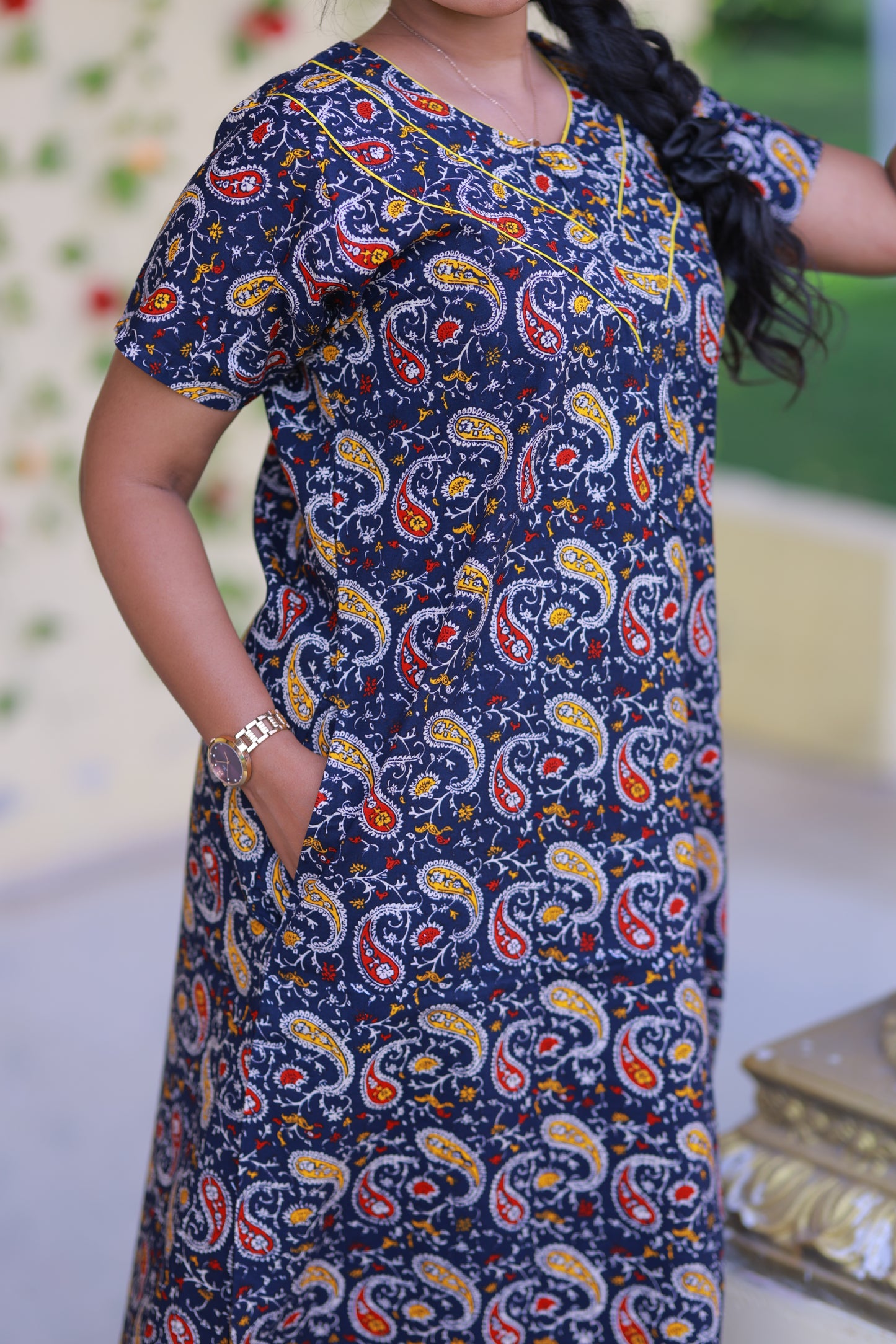 Drak Blue With Red Kalamkari Flower Design Piping Center Zip Nighty