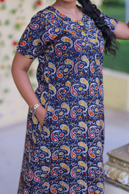 Drak Blue With Red Kalamkari Flower Design Piping Center Zip Nighty
