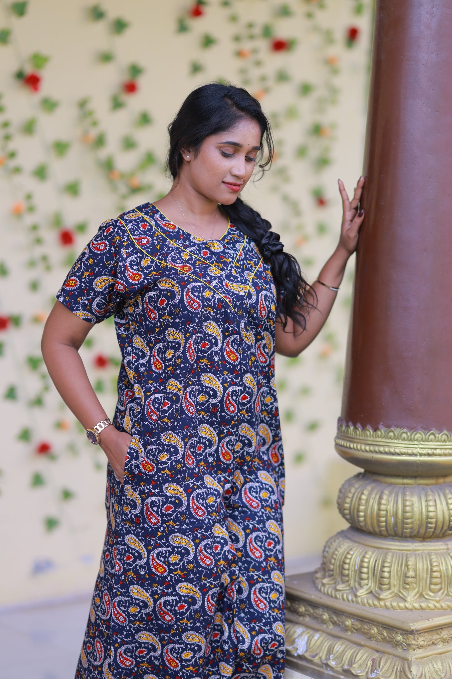 Drak Blue With Red Kalamkari Flower Design Piping Center Zip Nighty