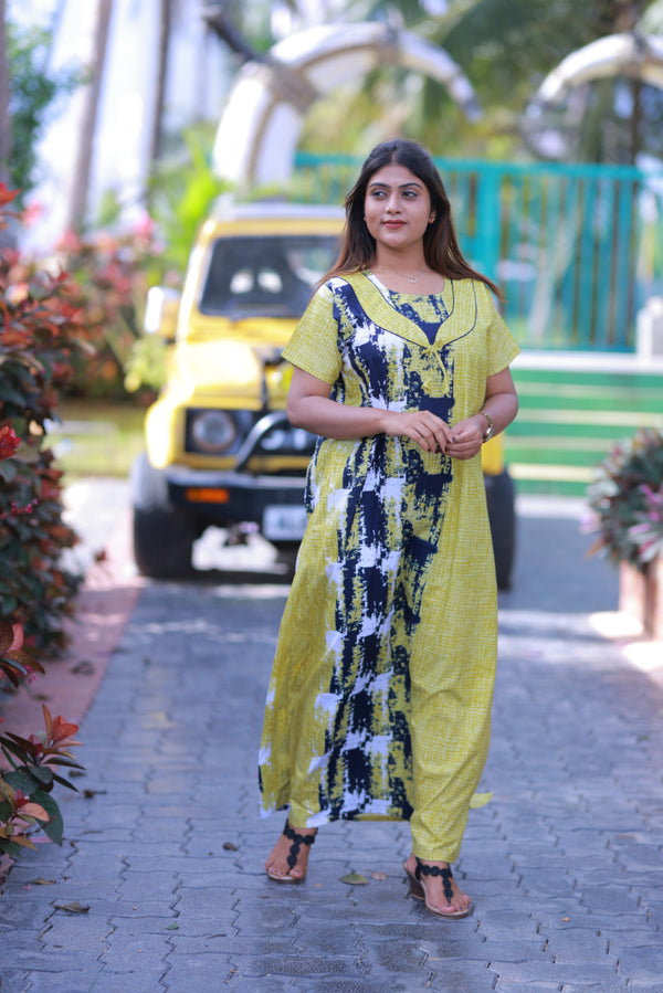 Yellow With  Navy Blue Piping Without Zip Nighty