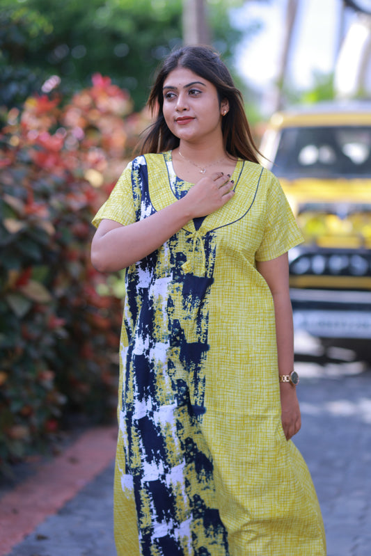 Yellow With  Navy Blue Piping Without Zip Nighty