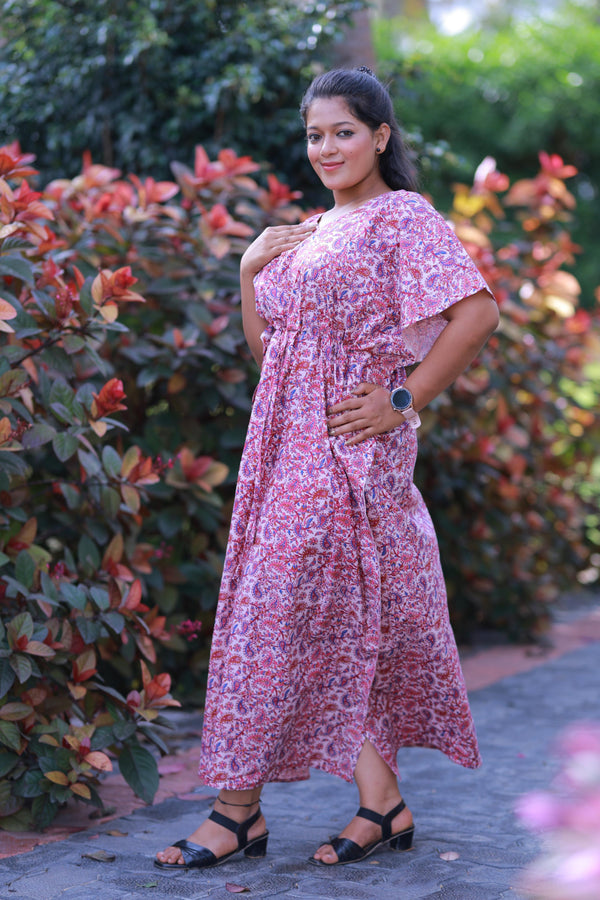 Purple With Pink Kalamkari Design  kaftan with feeding side zip