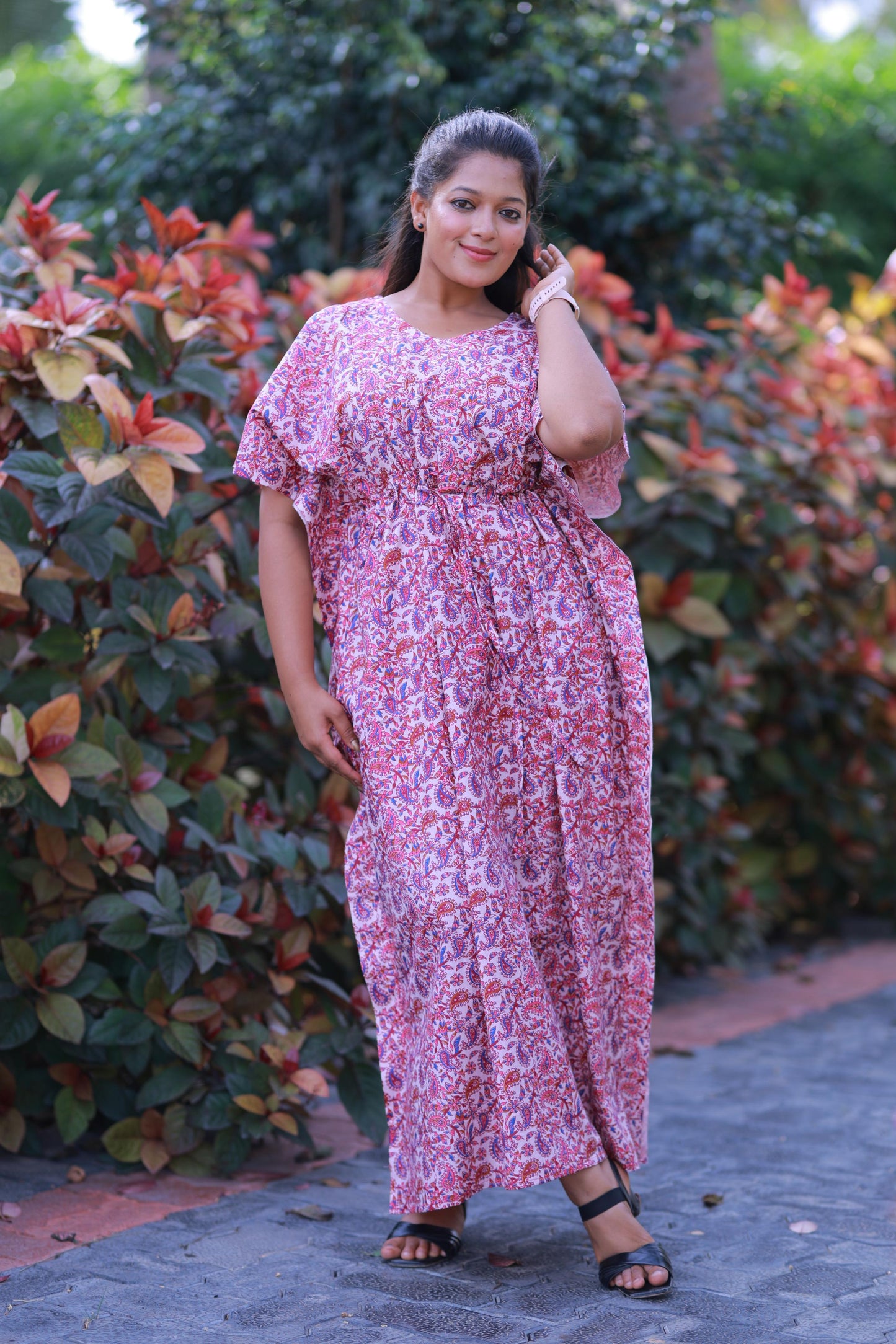 Purple With Pink Kalamkari Design  kaftan with feeding side zip