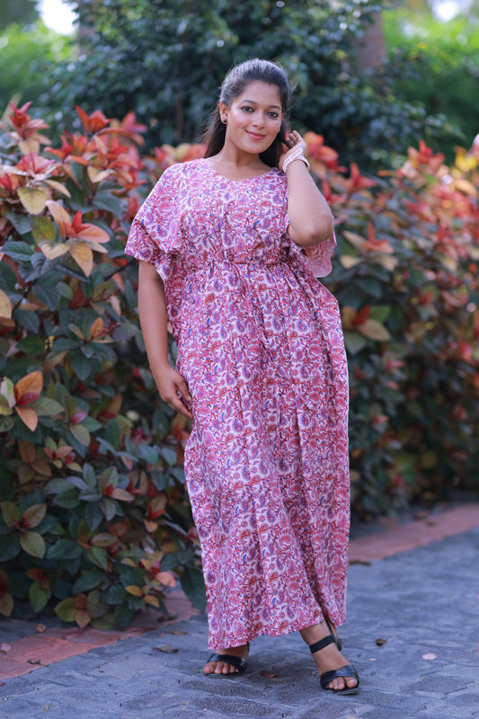 Purple With Pink Kalamkari Design  kaftan with feeding side zip