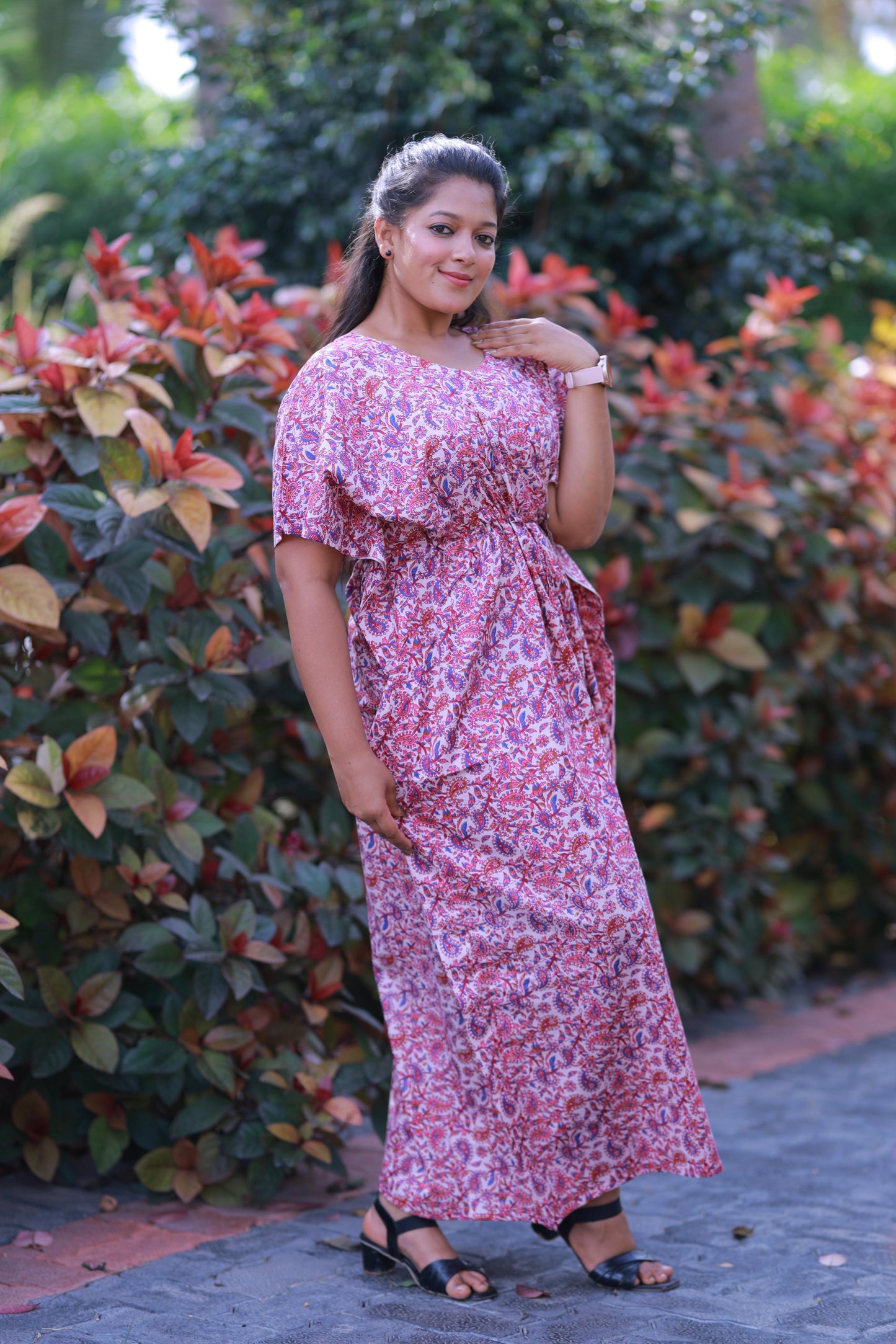 Purple With Pink Kalamkari Design  kaftan with feeding side zip