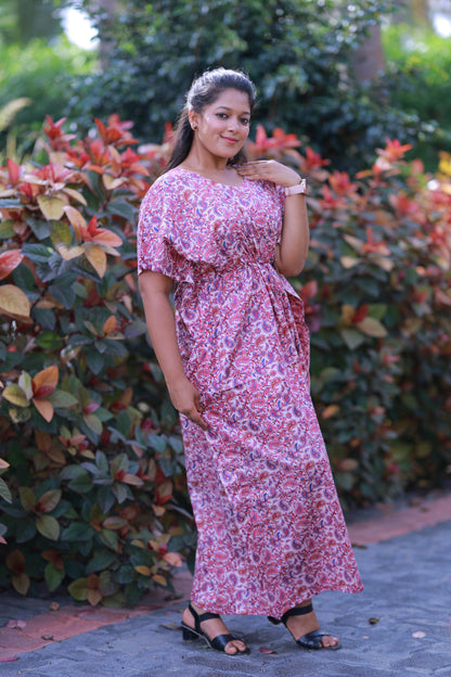 Purple With Pink Kalamkari Design  kaftan with feeding side zip