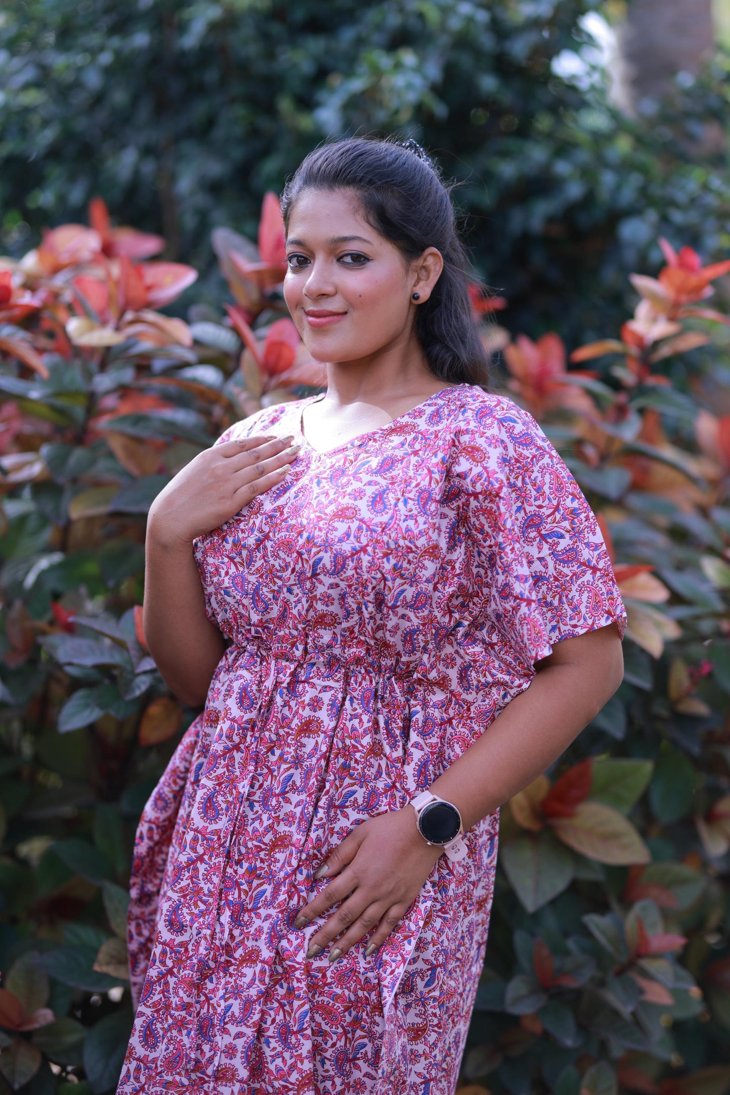 Purple With Pink Kalamkari Design  kaftan with feeding side zip