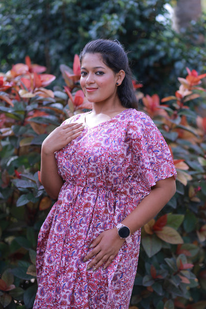 Purple With Pink Kalamkari Design  kaftan with feeding side zip
