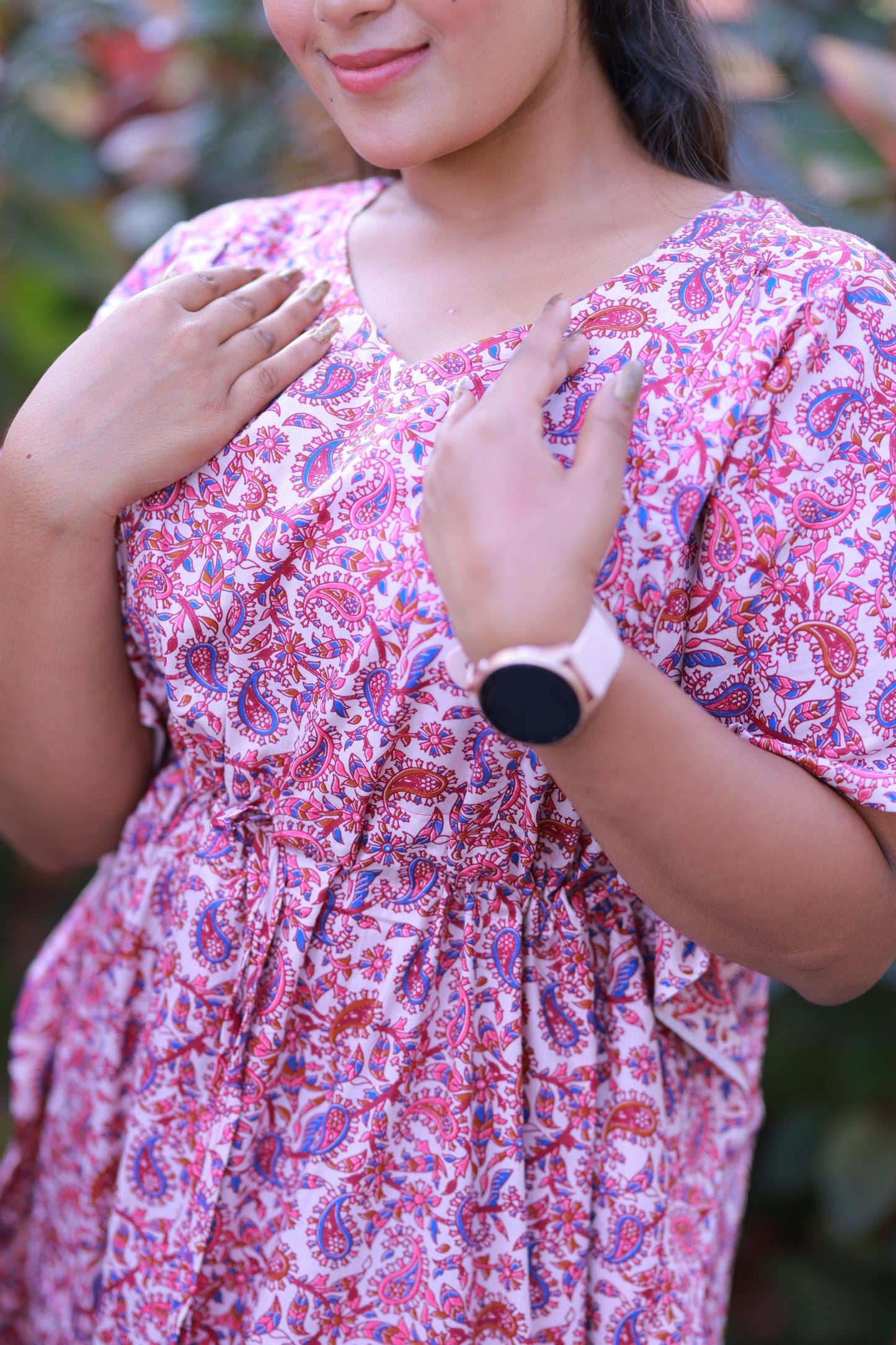 Purple With Pink Kalamkari Design  kaftan with feeding side zip