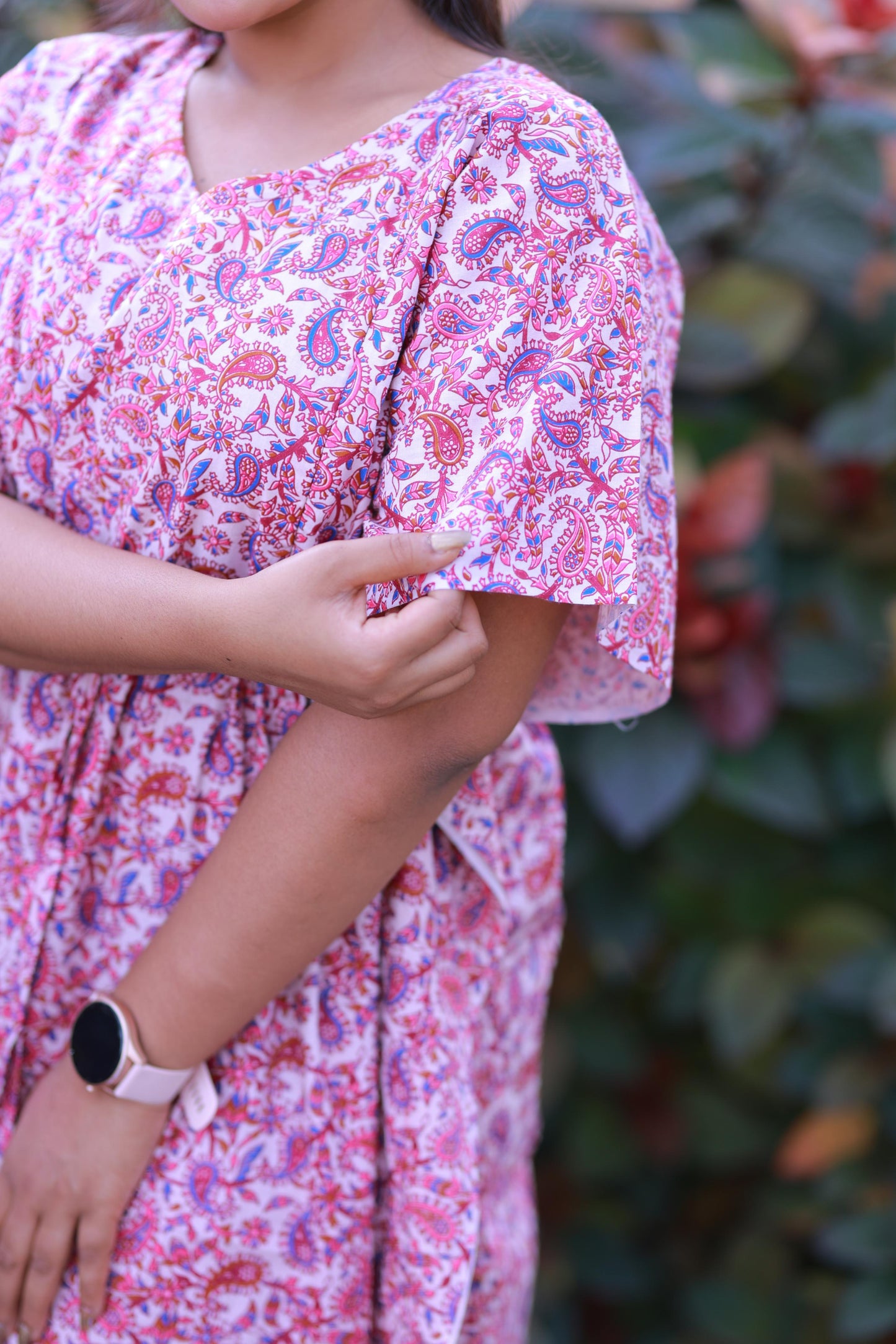 Purple With Pink Kalamkari Design  kaftan with feeding side zip