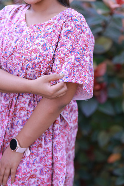 Purple With Pink Kalamkari Design  kaftan with feeding side zip