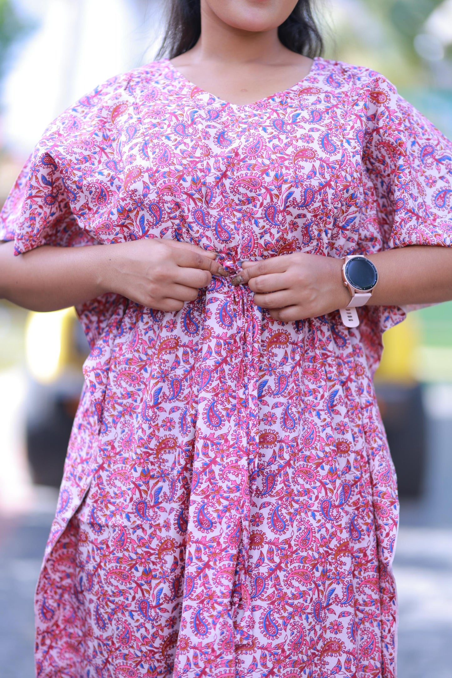 Purple With Pink Kalamkari Design  kaftan with feeding side zip
