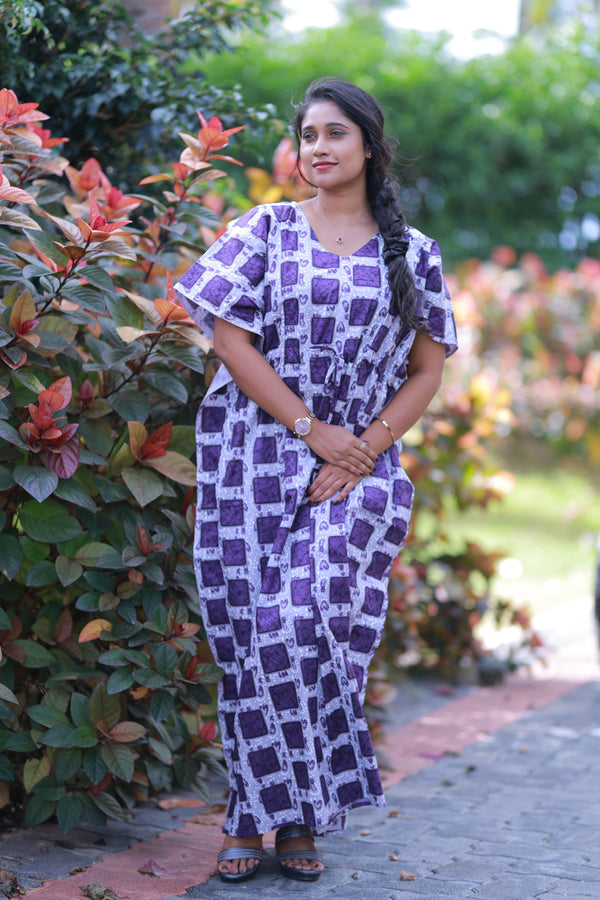 Gray With Purple Checked Design kaftan with feeding side zip