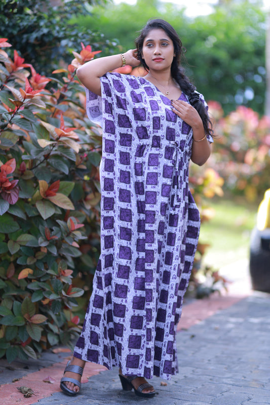 Gray With Purple Checked Design kaftan with feeding side zip