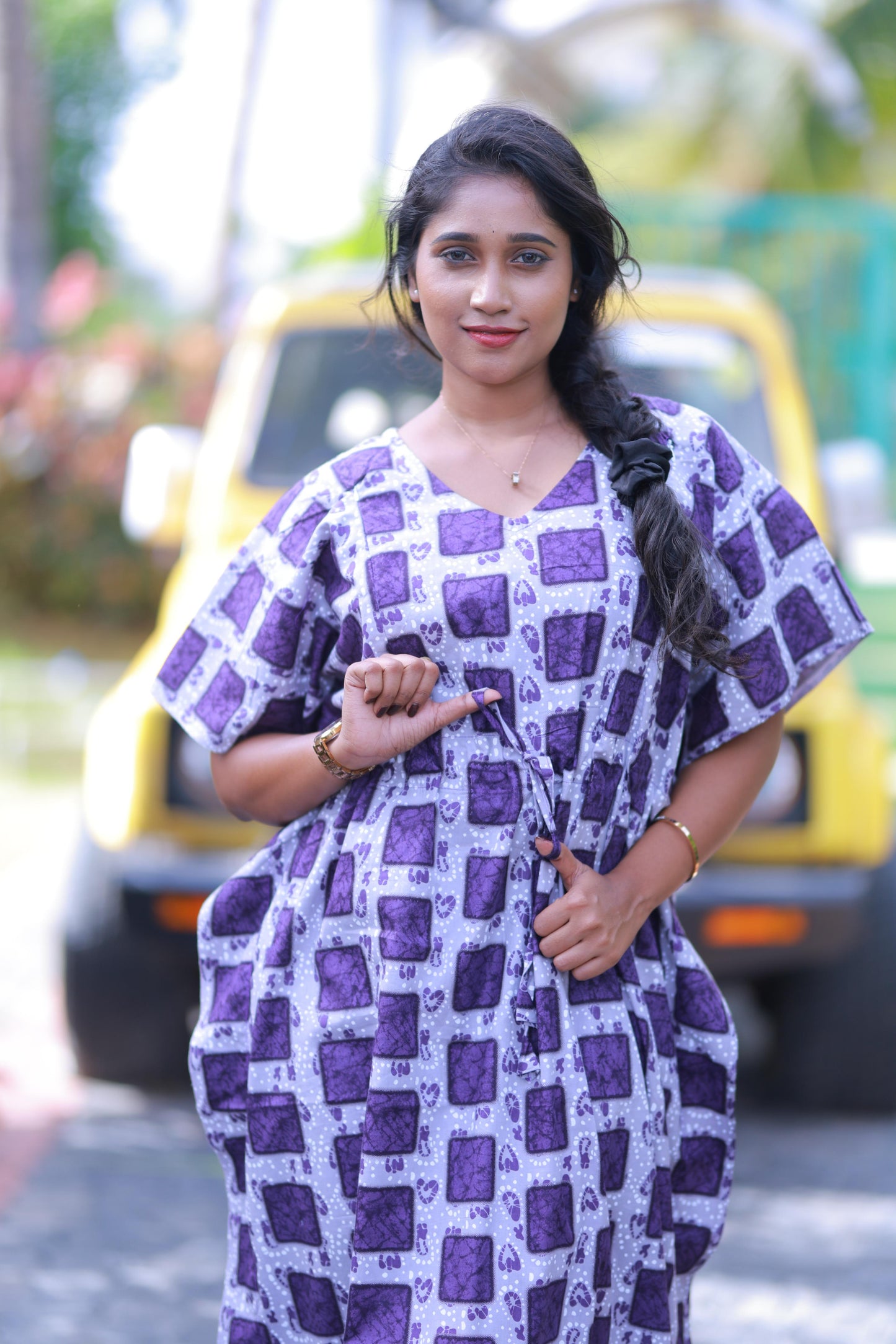 Gray With Purple Checked Design kaftan with feeding side zip