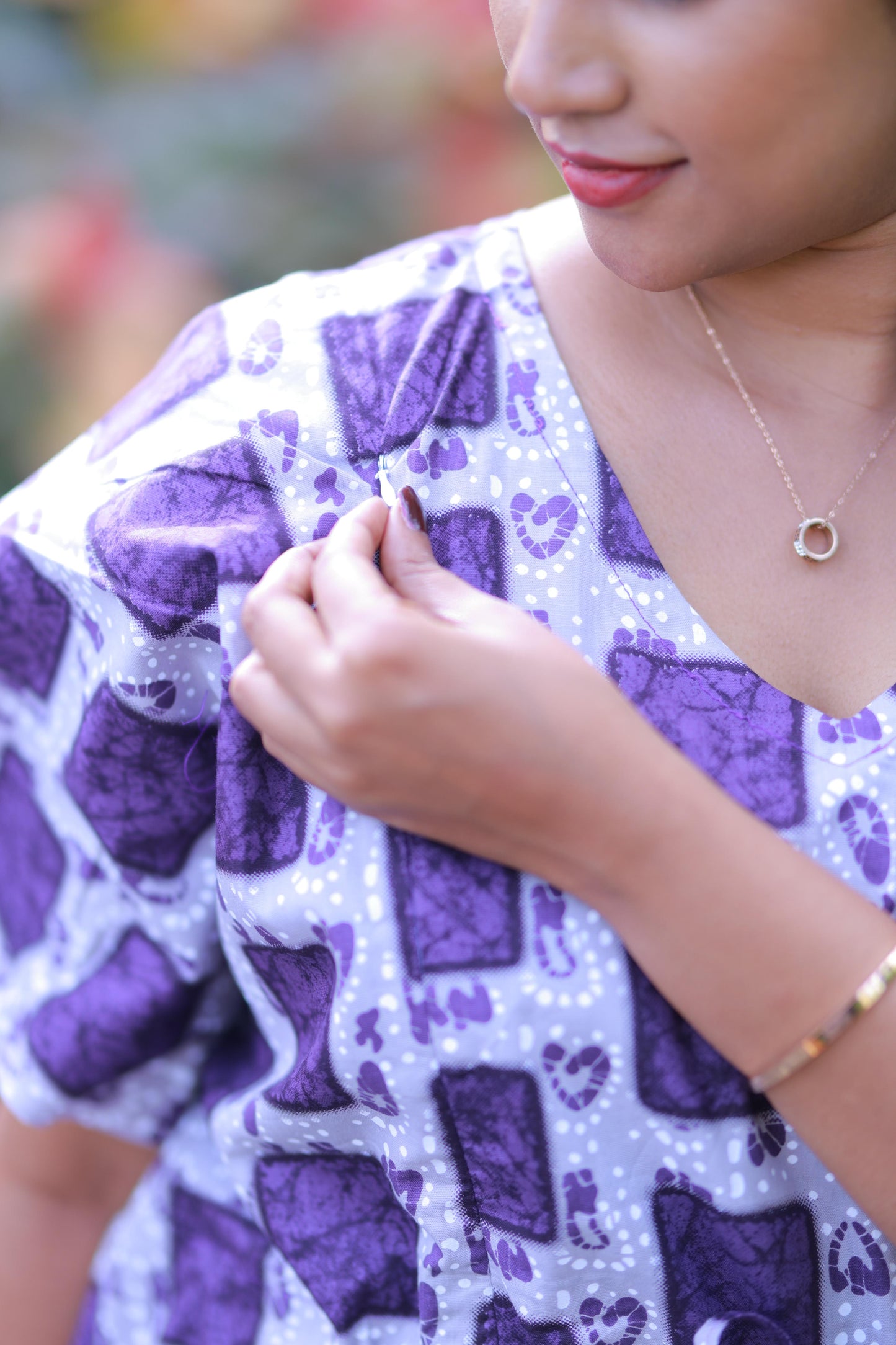 Gray With Purple Checked Design kaftan with feeding side zip