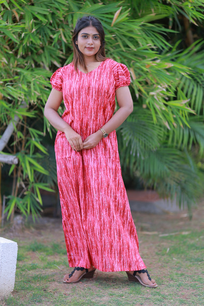 Red With Maroon Pattern V Neck Puff Sleeve Without Zip Nighty