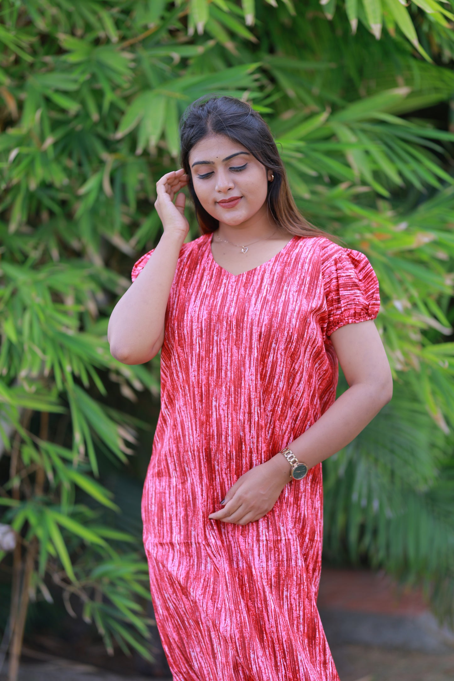 Red With Maroon Pattern V Neck Puff Sleeve Without Zip Nighty