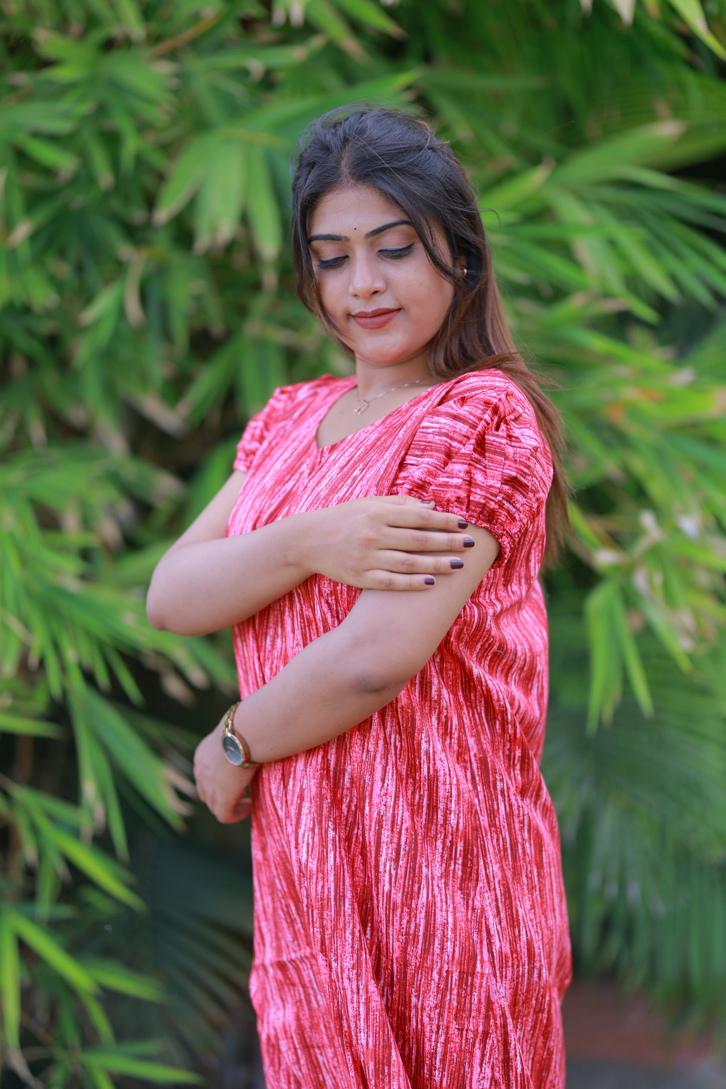 Red With Maroon Pattern V Neck Puff Sleeve Without Zip Nighty