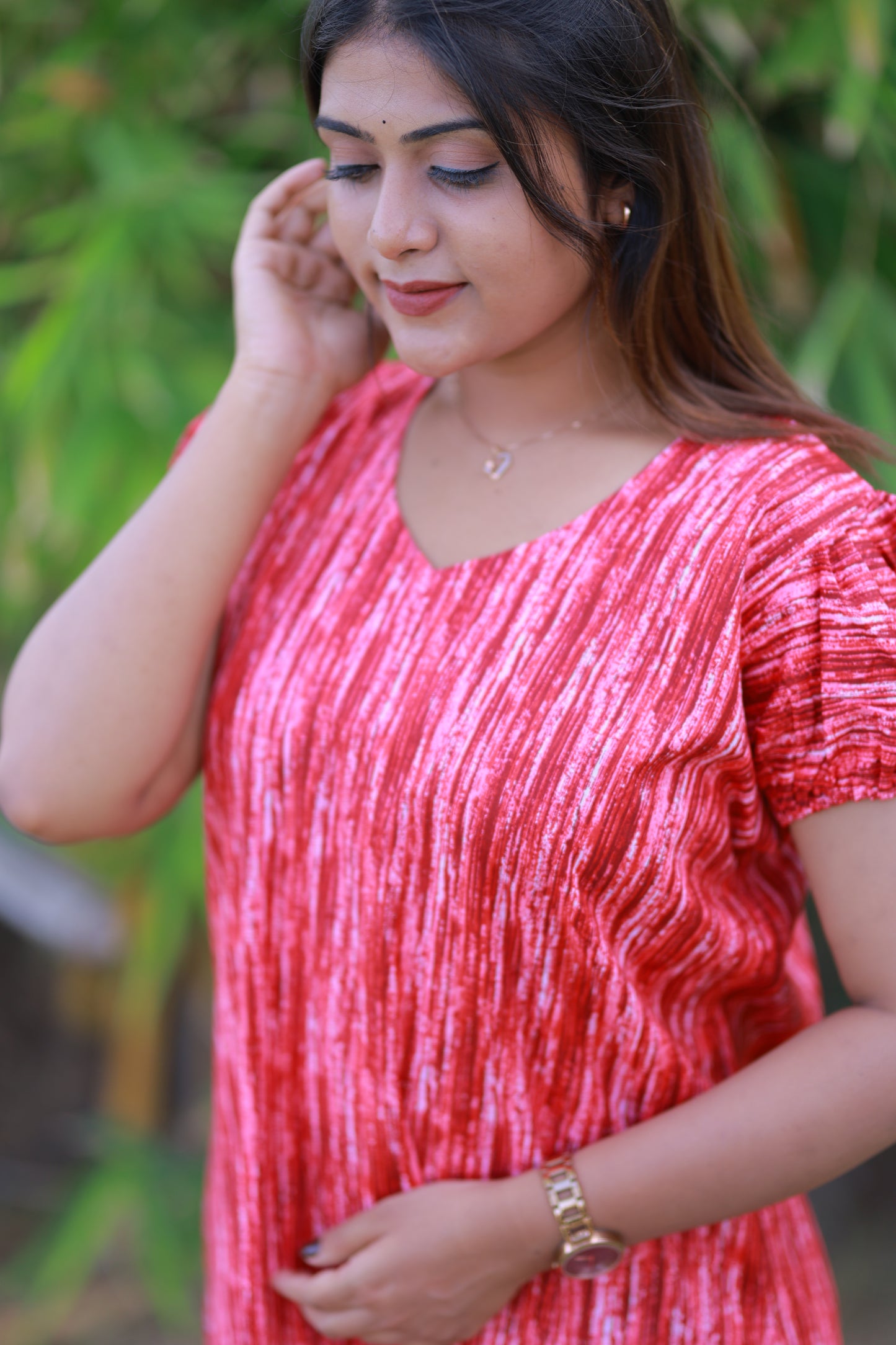 Red With Maroon Pattern V Neck Puff Sleeve Without Zip Nighty