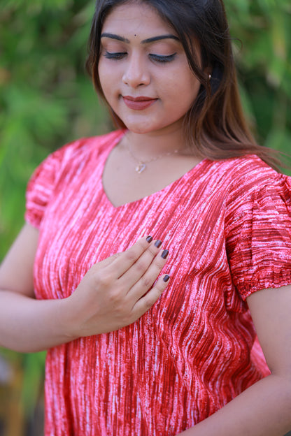 Red With Maroon Pattern V Neck Puff Sleeve Without Zip Nighty