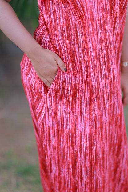 Red With Maroon Pattern V Neck Puff Sleeve Without Zip Nighty
