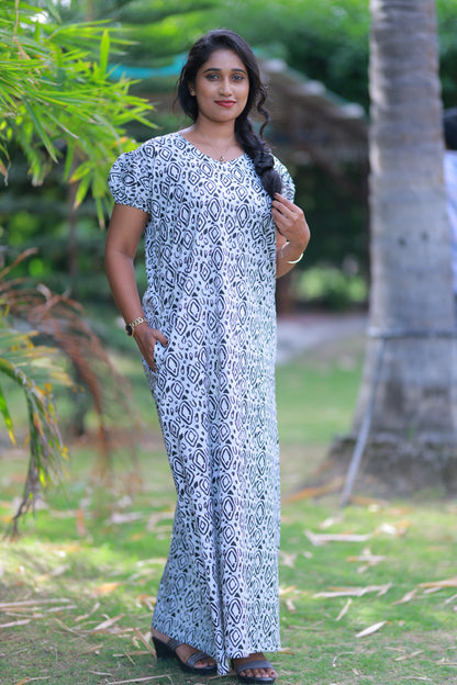 Light Green With Dark Green Pattern V Neck Puff Sleeve Without Zip Nighty