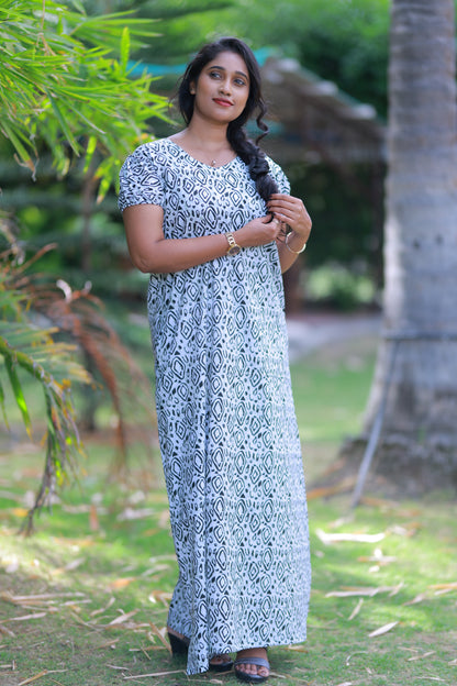 Light Green With Dark Green Pattern V Neck Puff Sleeve Without Zip Nighty