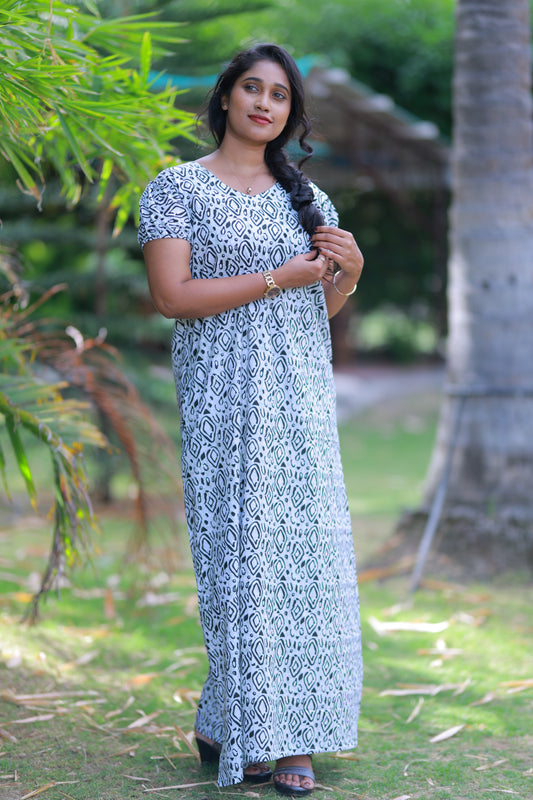 Light Green With Dark Green Pattern V Neck Puff Sleeve Without Zip Nighty