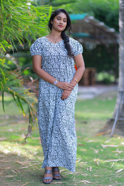 Light Green With Dark Green Pattern V Neck Puff Sleeve Without Zip Nighty