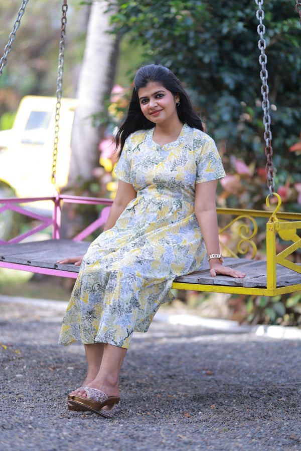 Golden Yellow with Olive Green Collar Design 2 Layer Center Zip Frock