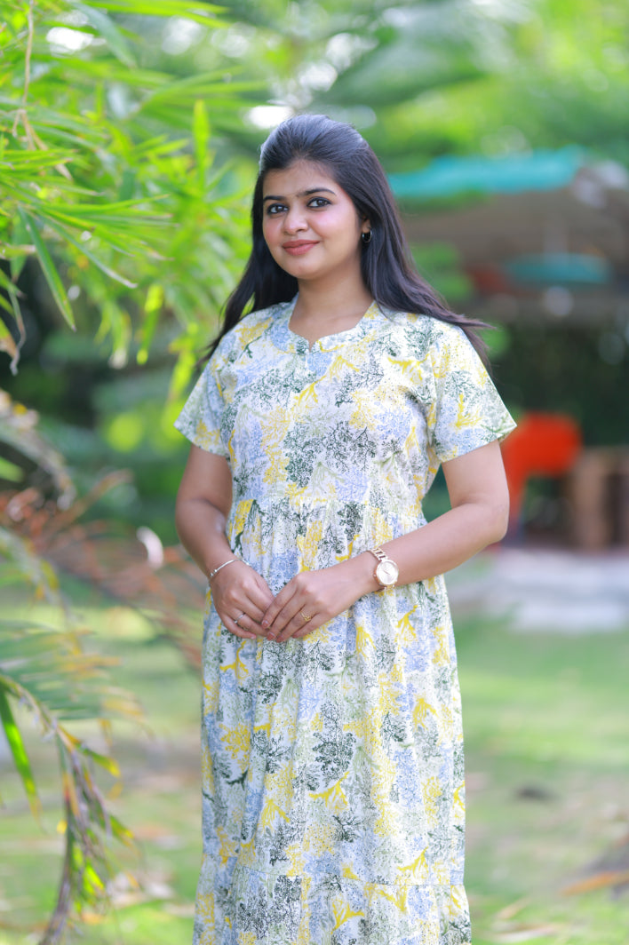Golden Yellow with Olive Green Collar Design 2 Layer Center Zip Frock