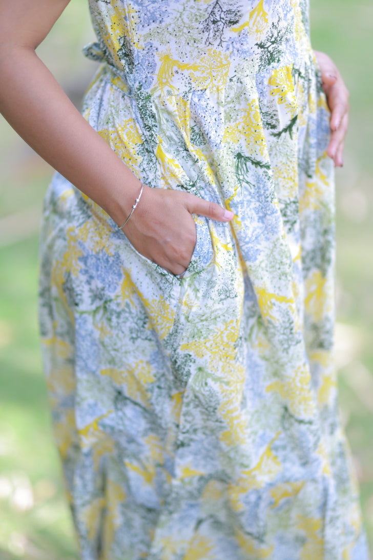 Golden Yellow with Olive Green Collar Design 2 Layer Center Zip Frock