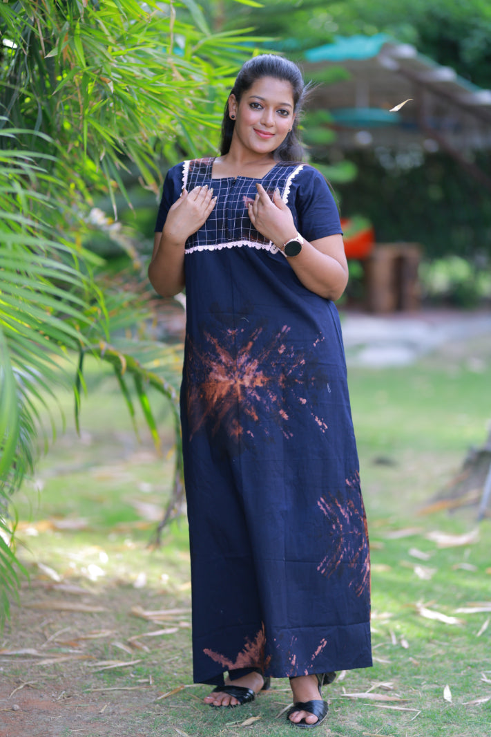 Navy Blue with Brown Lace Model  Tie And Dye Zip Nighty