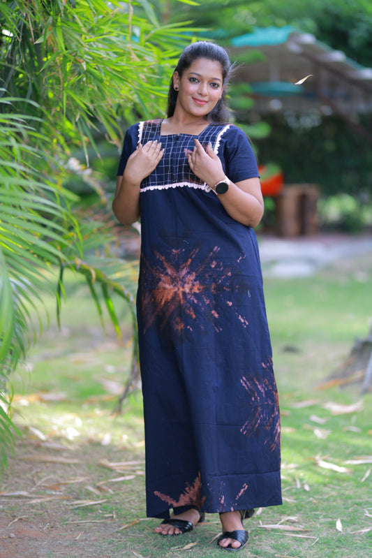 Navy Blue with Brown Lace Model  Tie And Dye Zip Nighty