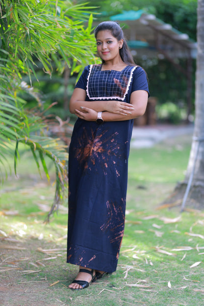 Navy Blue with Brown Lace Model  Tie And Dye Zip Nighty
