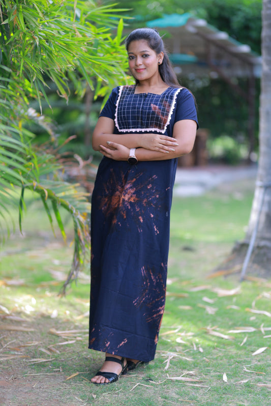 Navy Blue with Brown Lace Model  Tie And Dye Zip Nighty
