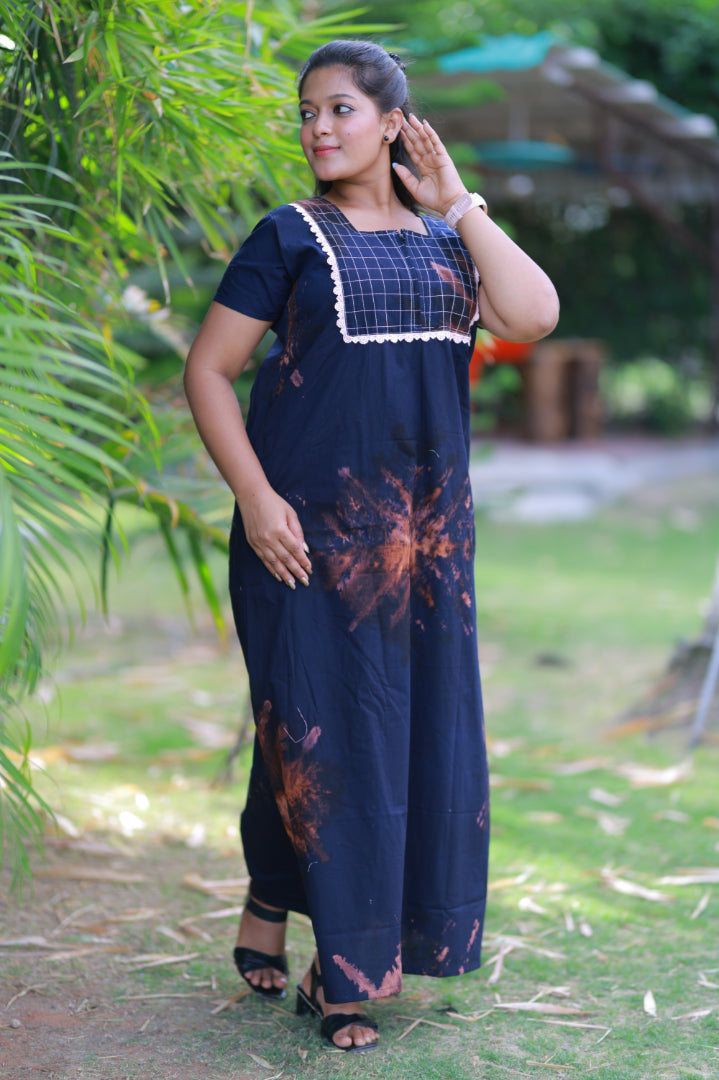 Navy Blue with Brown Lace Model  Tie And Dye Zip Nighty