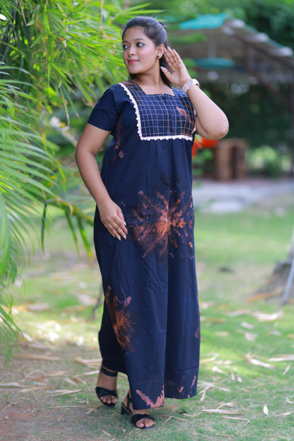 Navy Blue with Brown Lace Model  Tie And Dye Zip Nighty